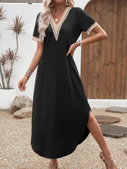 JANE'S Damen Kurzarm Spitze V-Ausschnitt Langes Viskose Kleid