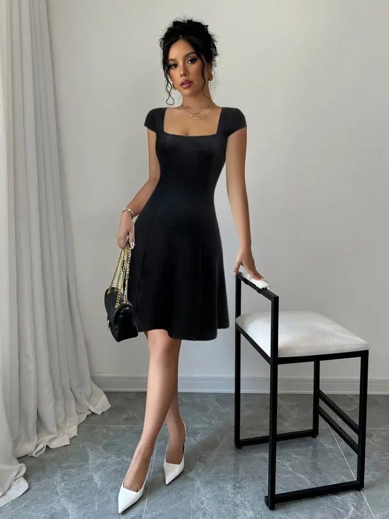 JANE'S Damen Kurzarm Geometrischer Kragen Janjan Crepe Kleid