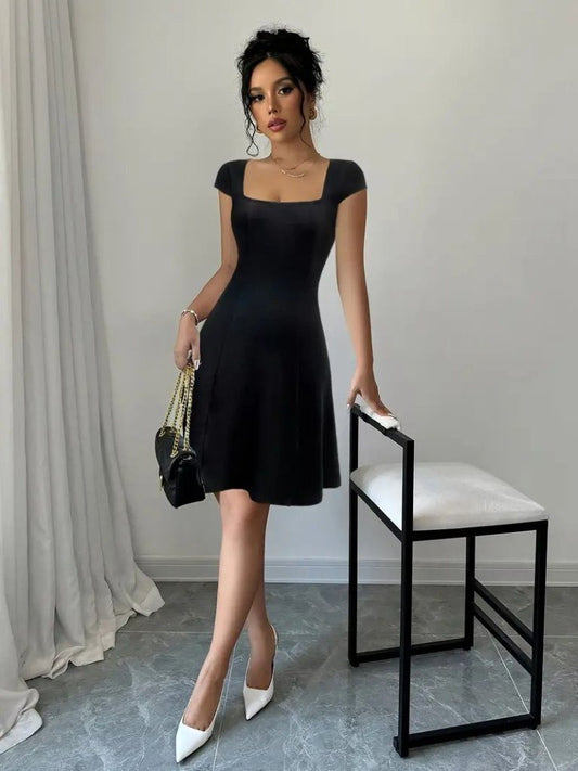 JANE'S Damen Kurzarm Geometrischer Kragen Janjan Crepe Kleid