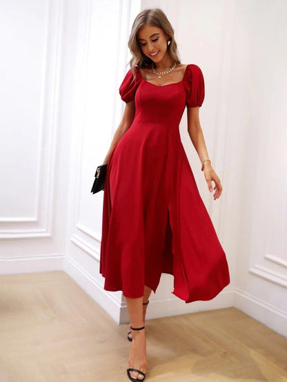 JANE'S Damen Kurzarm Square Neck Schlitz Midi Janjan Crepe Kleid