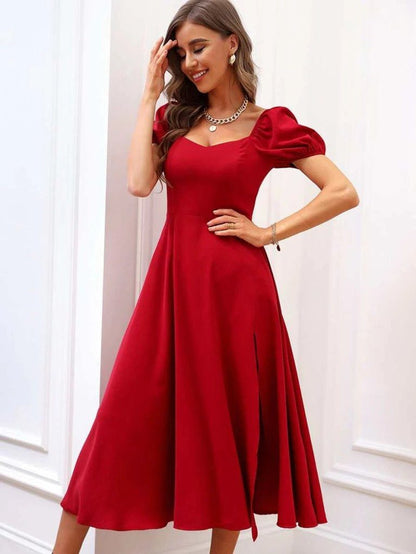 JANE'S Damen Kurzarm Square Neck Schlitz Midi Janjan Crepe Kleid