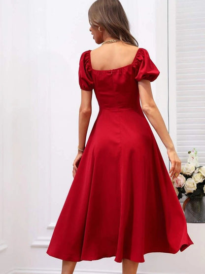 JANE'S Damen Kurzarm Square Neck Schlitz Midi Janjan Crepe Kleid