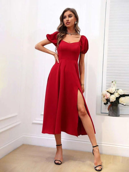 JANE'S Damen Kurzarm Square Neck Schlitz Midi Janjan Crepe Kleid