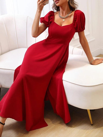 JANE'S Damen Kurzarm Square Neck Schlitz Midi Janjan Crepe Kleid