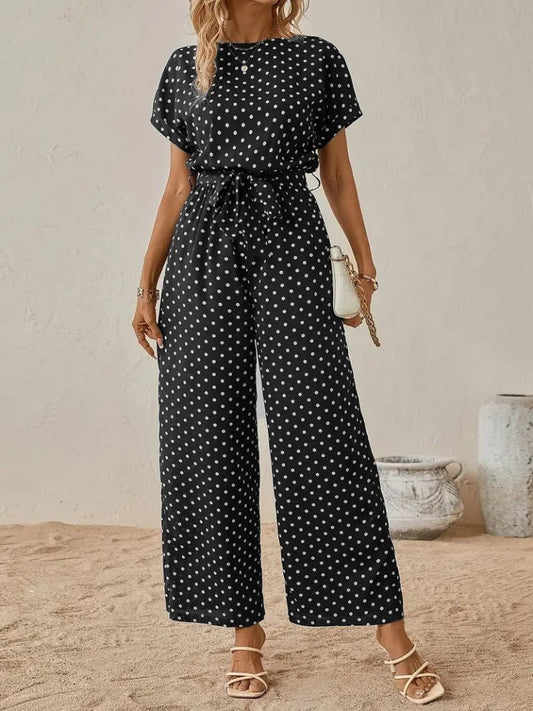 JANE'S Damen Kurzarm Bootsausschnitt Geknoteter Strick Jumpsuit