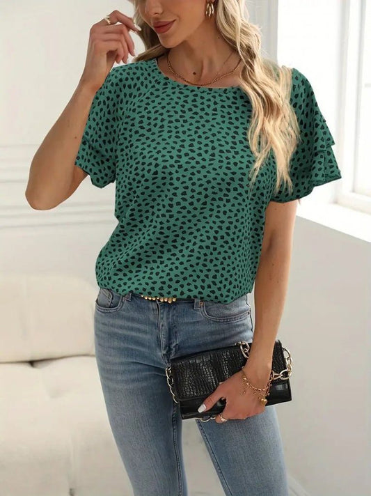 JANE'S Damen Kurzarm Rüschenärmel Bedruckte Jersey-Bluse