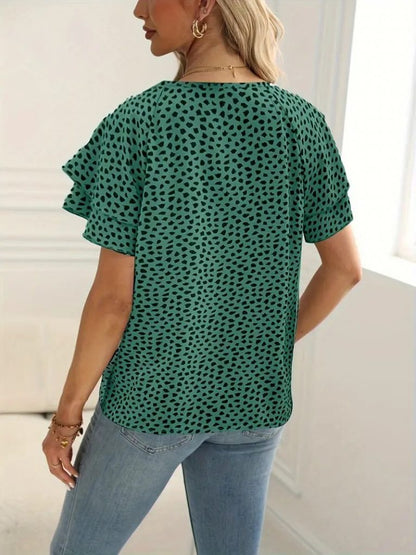 JANE'S Damen Kurzarm Rüschenärmel Bedruckte Jersey-Bluse