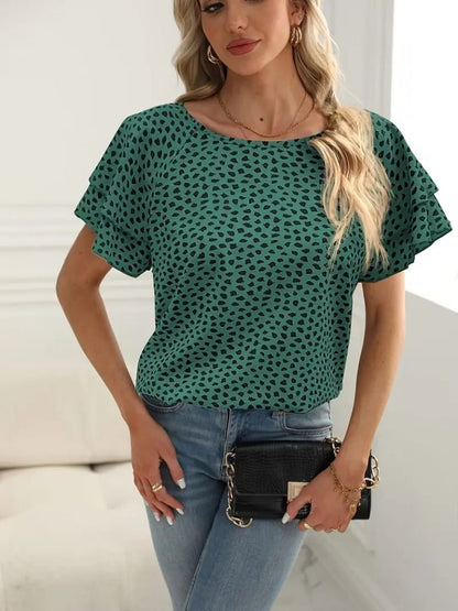 JANE'S Damen Kurzarm Rüschenärmel Bedruckte Jersey-Bluse