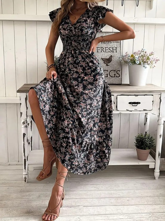 JANE'S Damen Kurzarm Doppelreiher Elastische Taille Blumenmuster Kleid