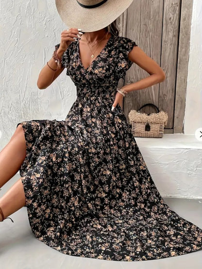 JANE'S Damen Kurzarm Doppelreiher Elastische Taille Blumenmuster Kleid
