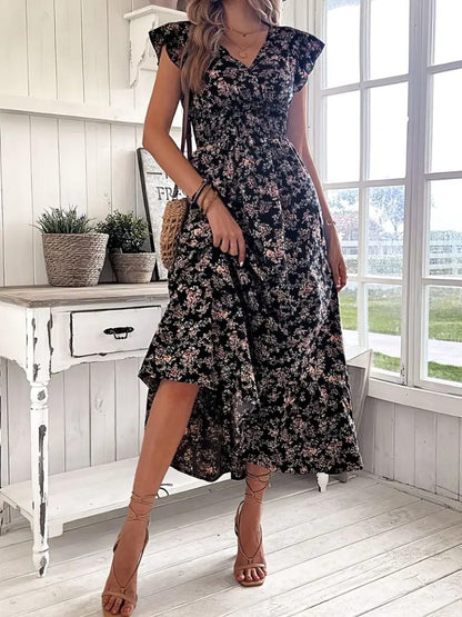 JANE'S Damen Kurzarm Doppelreiher Elastische Taille Blumenmuster Kleid