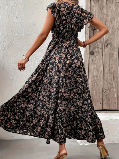 JANE'S Damen Kurzarm Doppelreiher Elastische Taille Blumenmuster Kleid