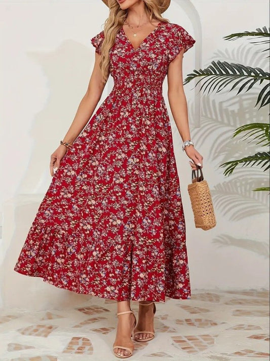 JANE'S Blumen Wickelkleid mit elastischer Taille und kurzen Ärmeln