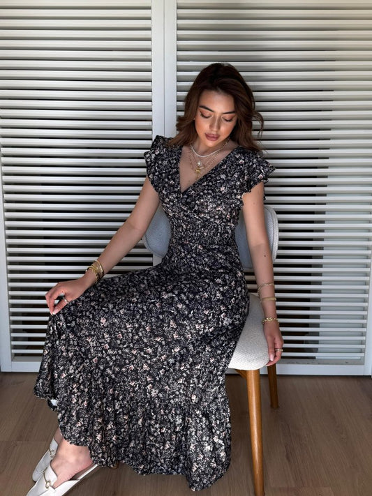 JANE'S Damen Kurzarm Doppelreiher Elastische Taille Blumenmuster Kleid