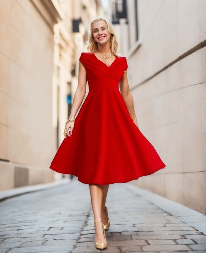JANE'S Damen Kurzarm Doppelreihiger Volantrock Kreppkleid