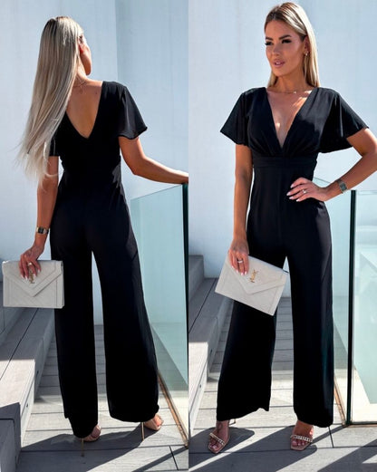JANE'S Damen Kurzarm Wickelhals Rückenfreier Pegasus Jumpsuit