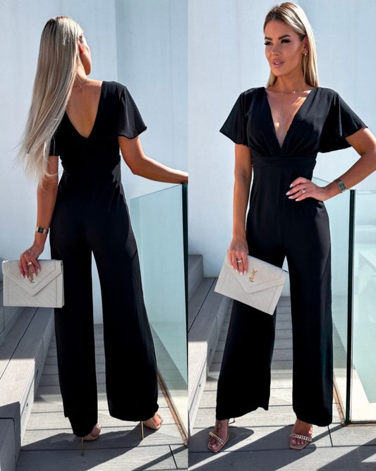 JANE'S Damen Kurzarm Wickelhals Rückenfreier Pegasus Jumpsuit