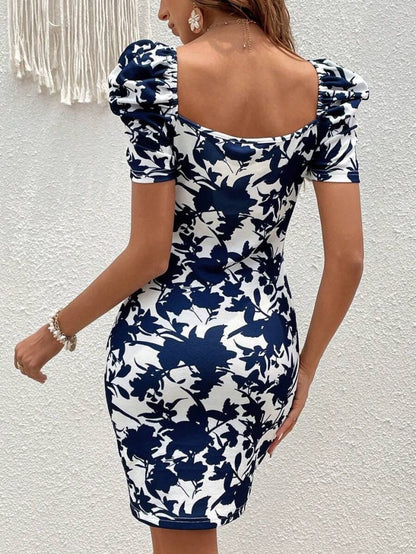 JANE'S Damen Kurzarm Doppelreihiges Blumenmuster Jersey Kleid