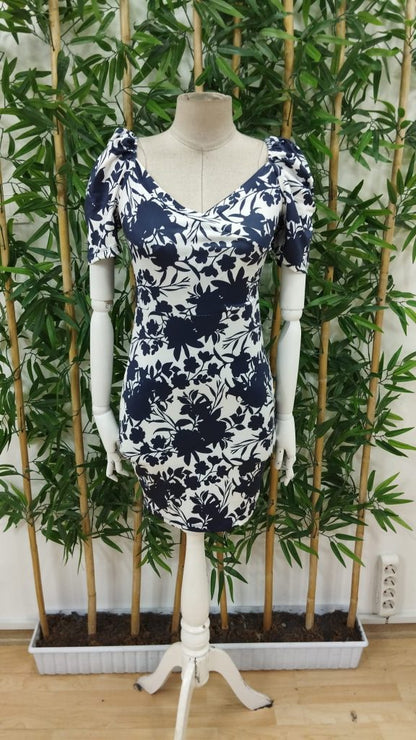 JANE'S Damen Kurzarm Doppelreihiges Blumenmuster Jersey Kleid