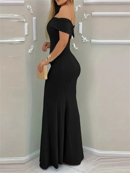 Damen Kurzarm Gürtel Langes Kreppkleid mit Madonna-Ausschnitt