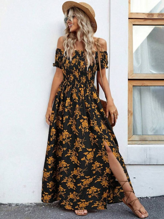 JANE'S Damen Kurzarm Madonna Kragen Schlitz Blumenmuster Jersey Kleid