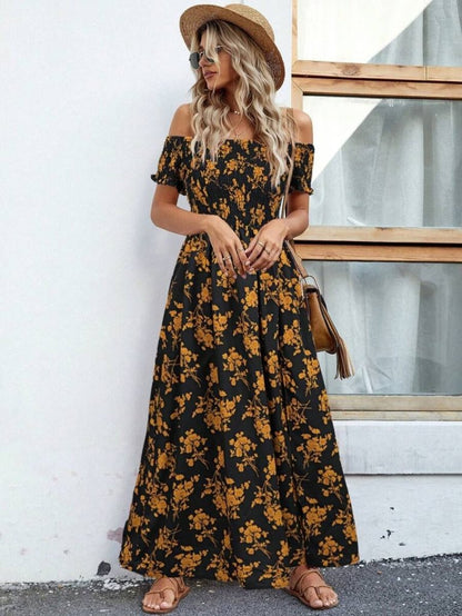 JANE'S Damen Kurzarm Madonna Kragen Schlitz Blumenmuster Jersey Kleid