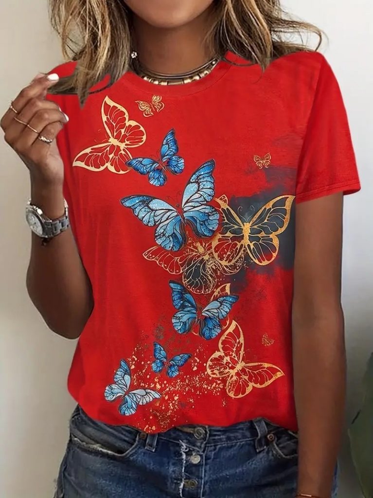 Damen Kurzarm Schmetterlingsdruck Bluse