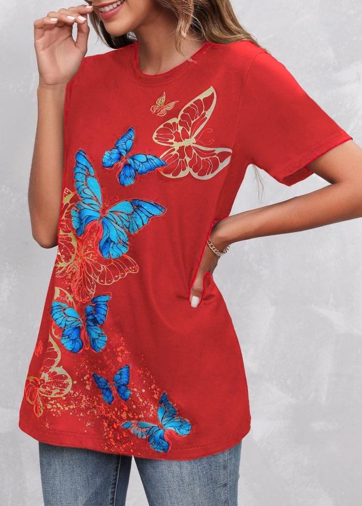 Damen Kurzarm Schmetterlingsdruck Bluse