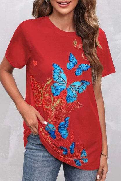 Damen Kurzarm Schmetterlingsdruck Bluse
