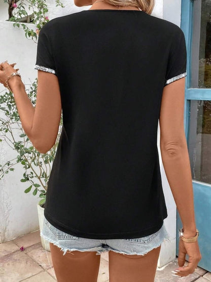 JANE'S Damen Kurzarm Frontreißverschluss Glitzernde Viskosebluse