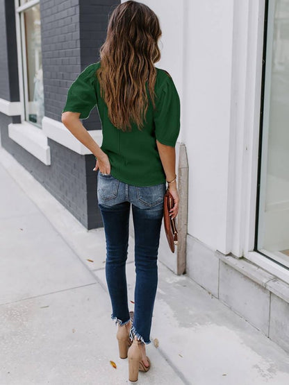 JANE'S Damen Kurzarm Plissierte Wabenärmel Bluse