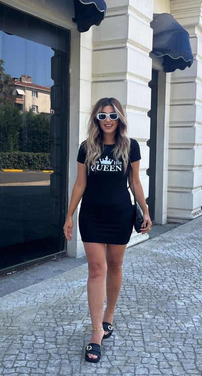 Damen Kurzarm Königin Druck Minikleid