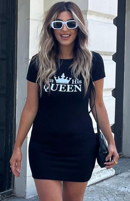 Damen Kurzarm Königin Druck Minikleid