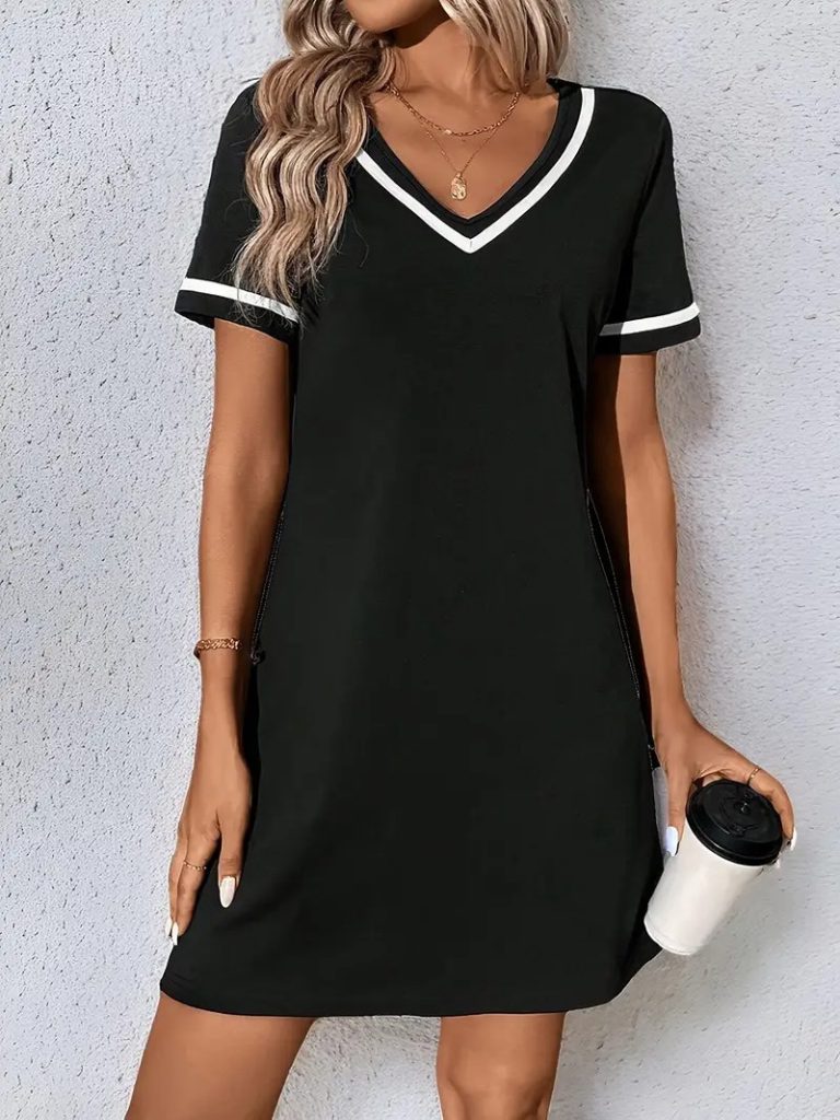 JANE'S Damen Kurzarm V-Ausschnitt Viskose Kleid