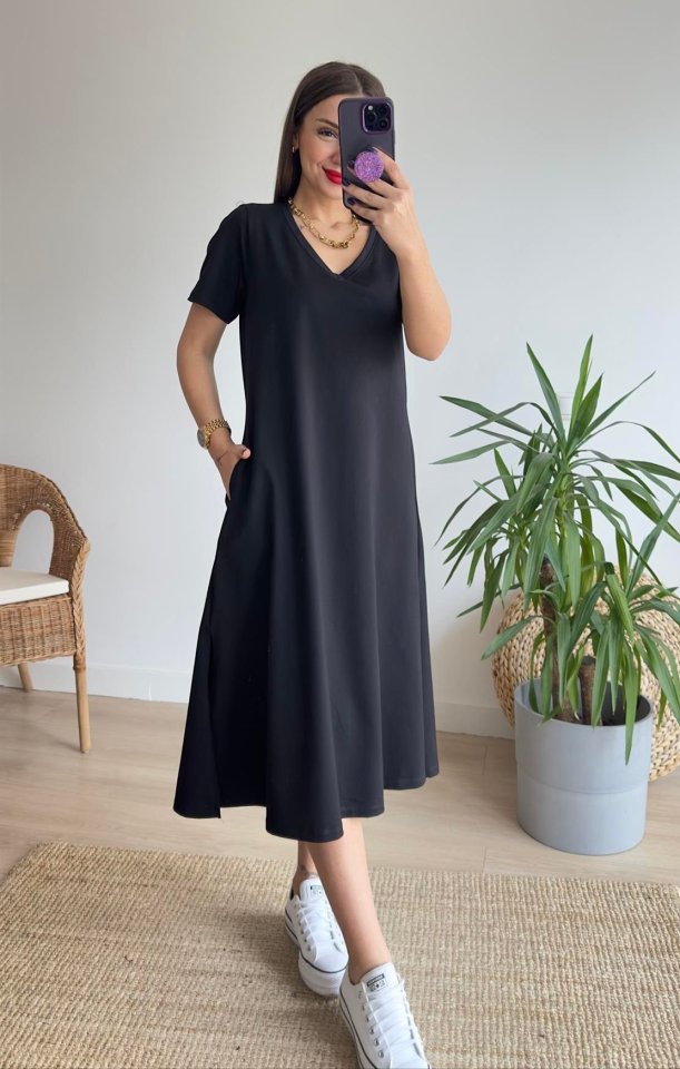 JANE'S Damen Kurzarm V-Ausschnitt Tasche A-Linie Detail Viskose Kleid