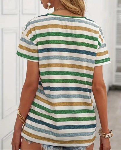 JANE'S Damen Kurzarm V-Ausschnitt Gestreiftes Jersey T-Shirt