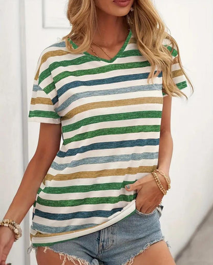 JANE'S Damen Kurzarm V-Ausschnitt Gestreiftes Jersey T-Shirt