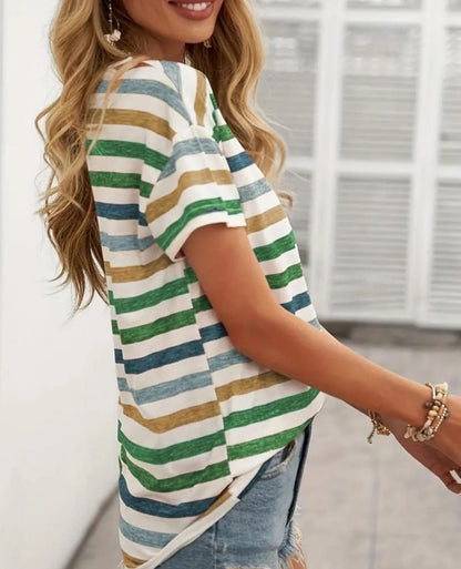 JANE'S Damen Kurzarm V-Ausschnitt Gestreiftes Jersey T-Shirt