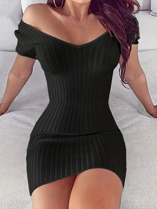 JANE'S Damen Kurzarm V-Ausschnitt Breit Geripptes Minikleid