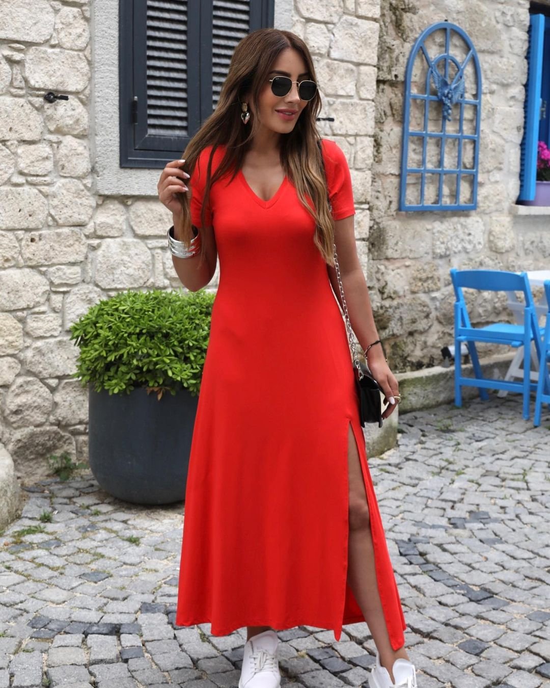 JANE'S Damen Kurzarm V-Ausschnitt Maxikleid 124 cm