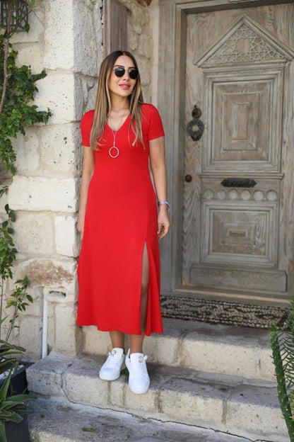 JANE'S Damen Kurzarm V-Ausschnitt Maxikleid 124 cm
