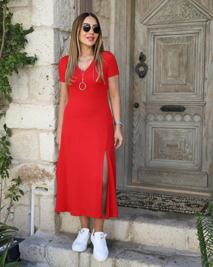 JANE'S Damen Kurzarm V-Ausschnitt Maxikleid 124 cm