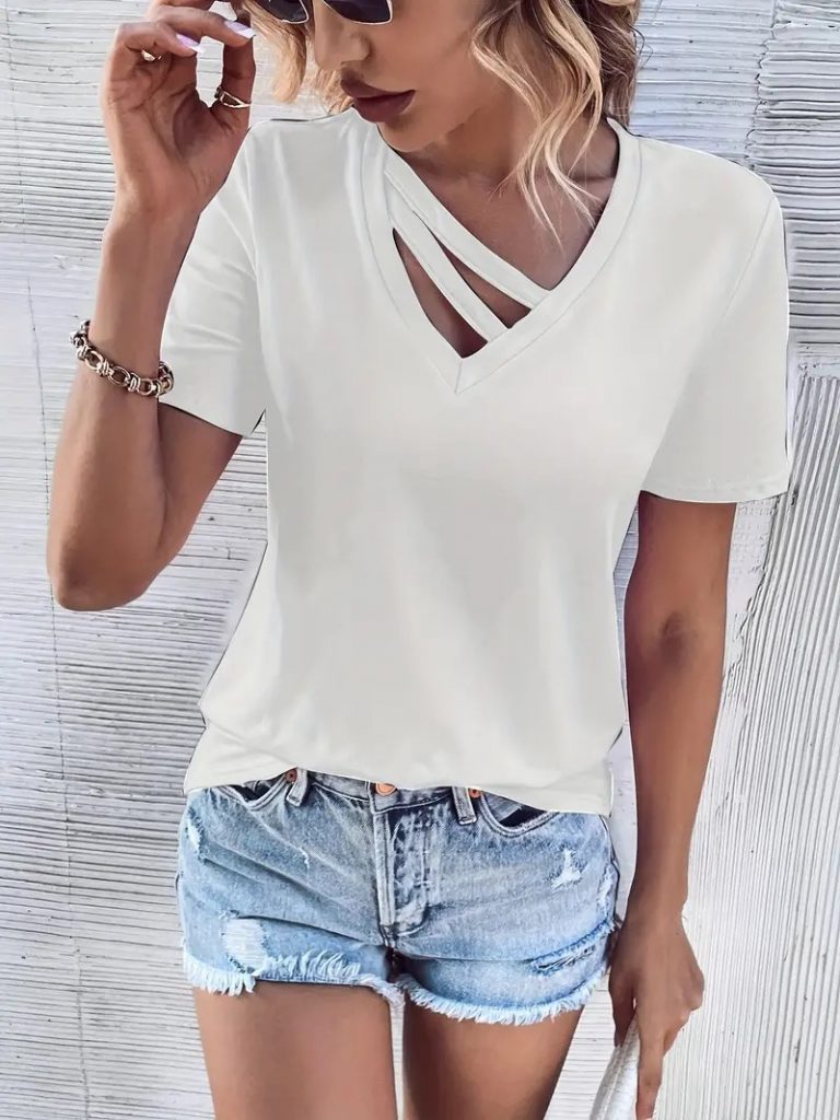 JANE'S Damen Kurzarm V-Ausschnitt Streifen Detail Viskose Bluse
