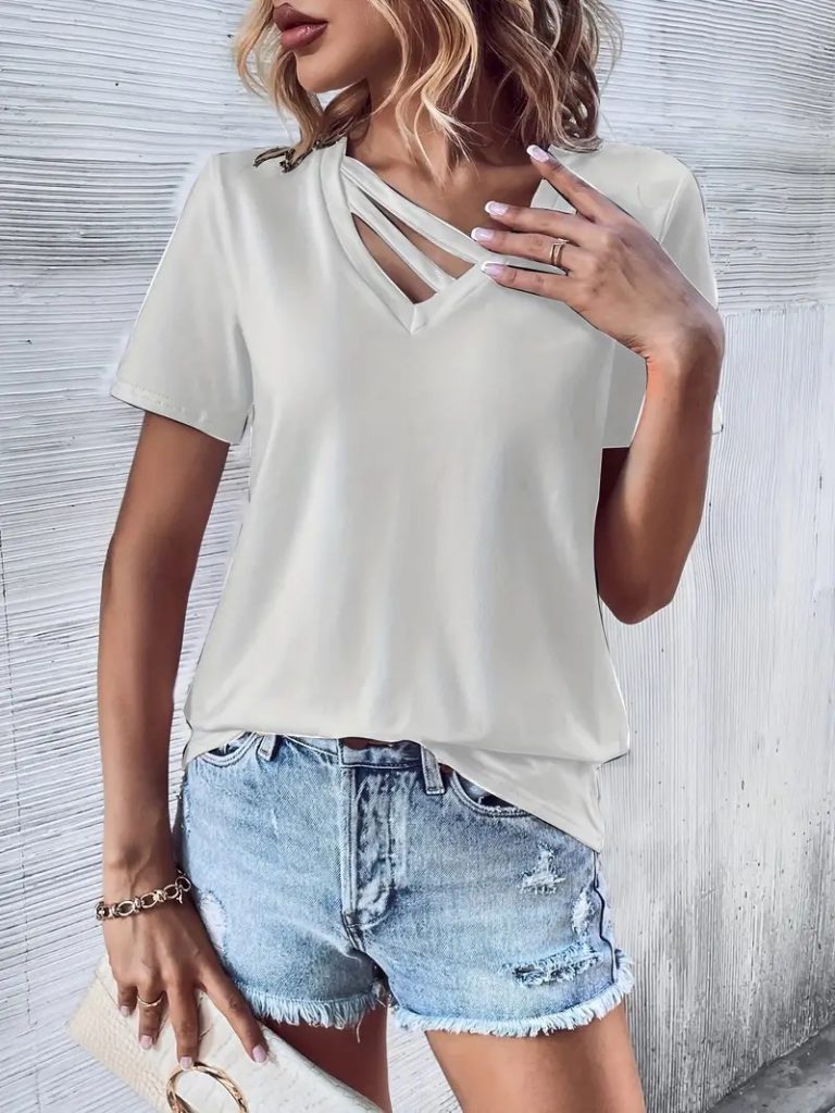 JANE'S Damen Kurzarm V-Ausschnitt Streifen Detail Viskose Bluse
