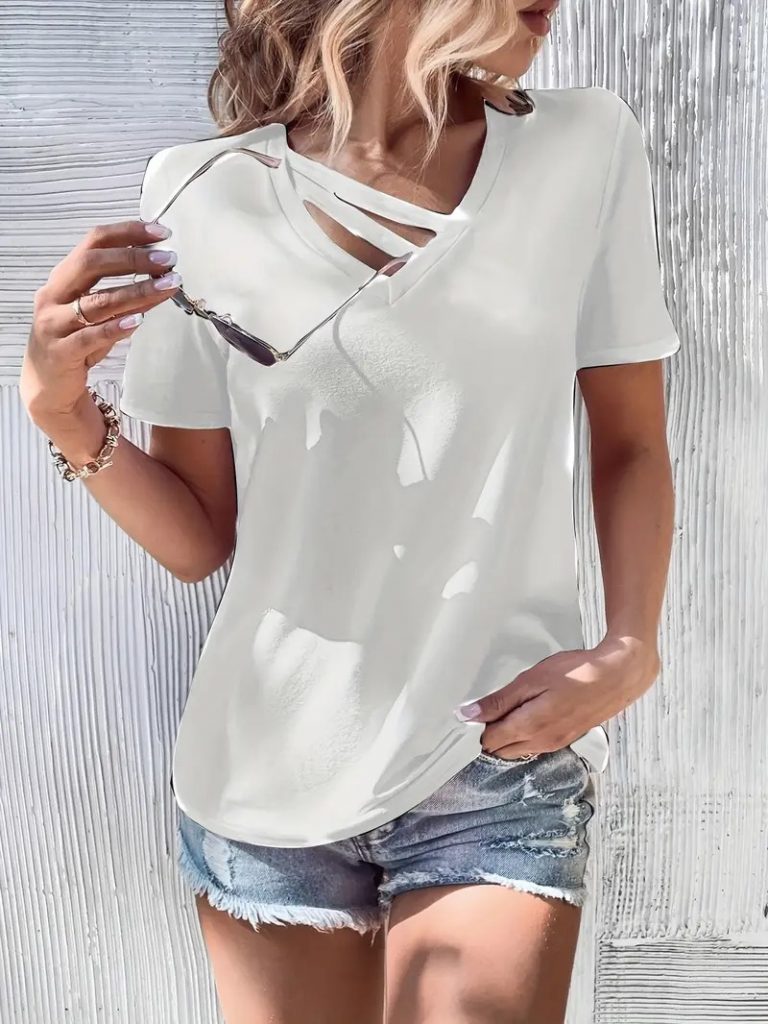 JANE'S Damen Kurzarm V-Ausschnitt Streifen Detail Viskose Bluse