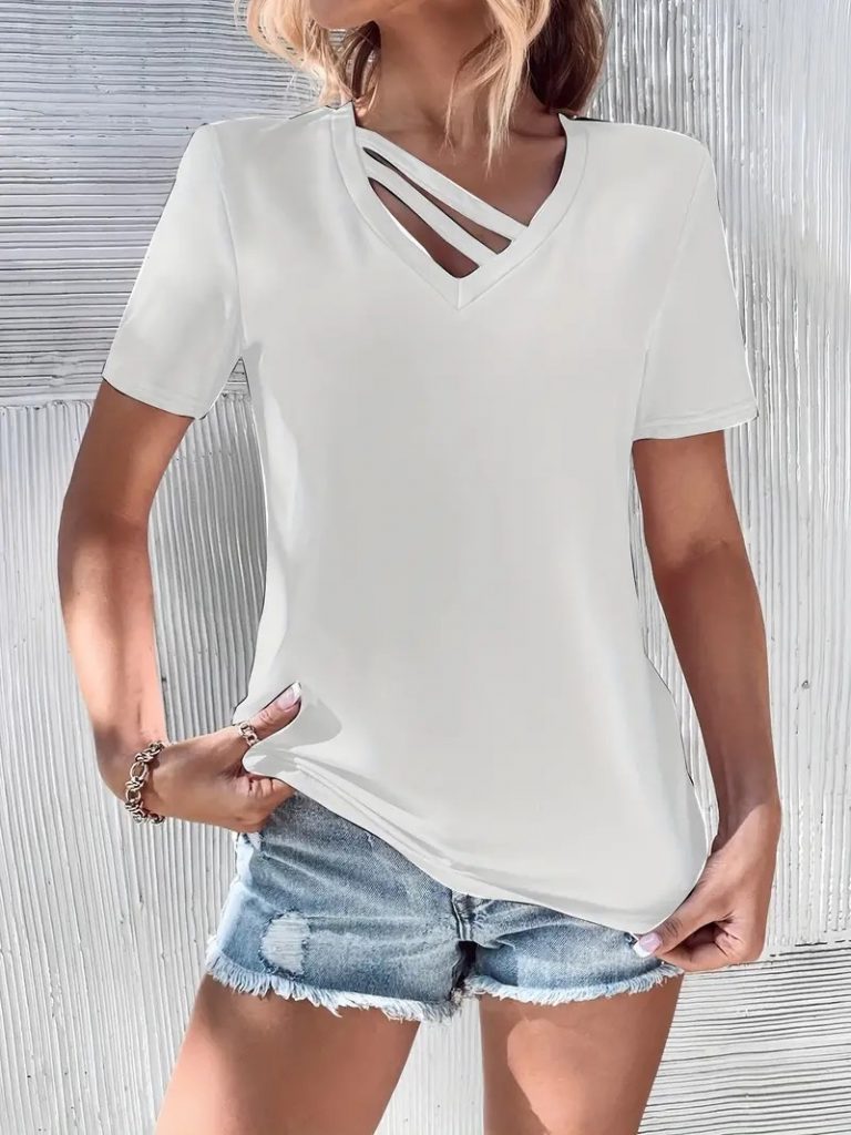 JANE'S Damen Kurzarm V-Ausschnitt Streifen Detail Viskose Bluse