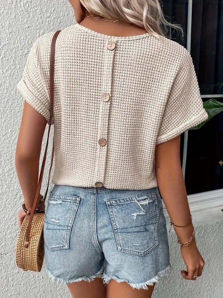 JANE'S Damen Kurzarm V-Ausschnitt Rückenknopf Detail Strickbluse
