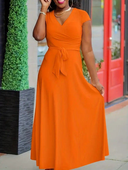JANE'S Damen Kurzarm V-Ausschnitt Gürtel Maxi Länge Viskose Kleid