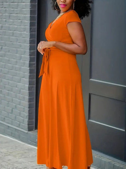 JANE'S Damen Kurzarm V-Ausschnitt Gürtel Maxi Länge Viskose Kleid