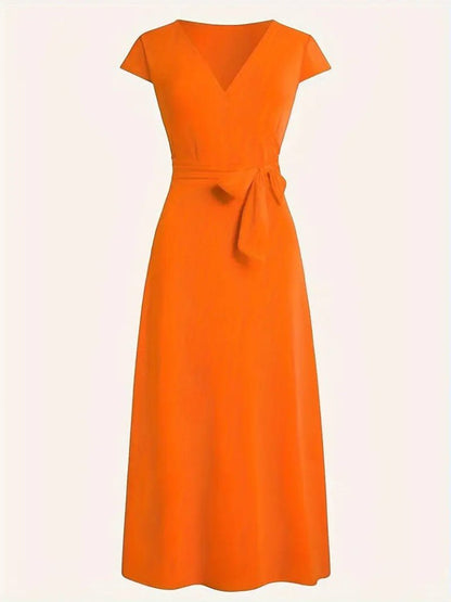 JANE'S Damen Kurzarm V-Ausschnitt Gürtel Maxi Länge Viskose Kleid